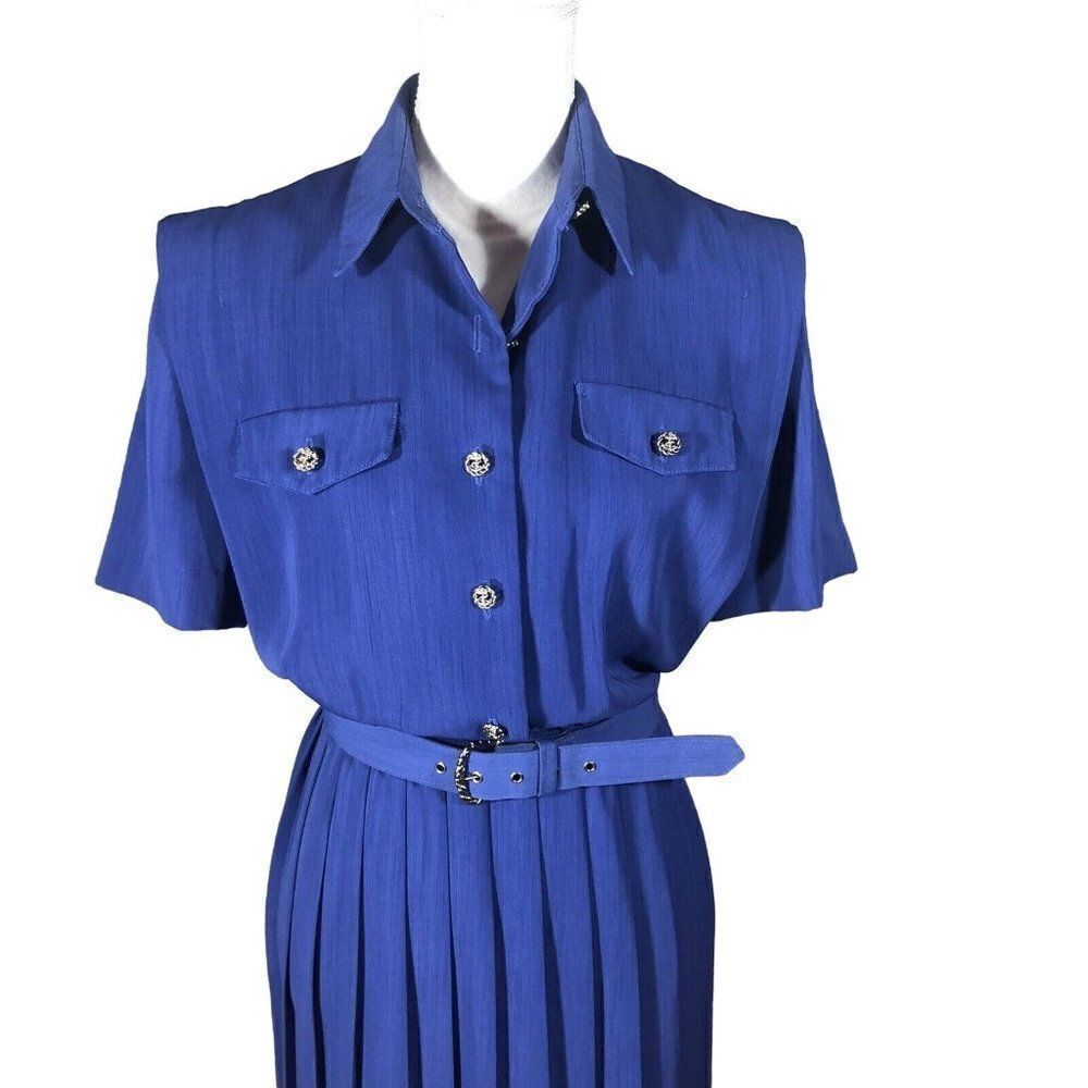 Leslie Faye Secretary Belted Shirt Dress 10P Royal Blue Vtg Accordion Pleat